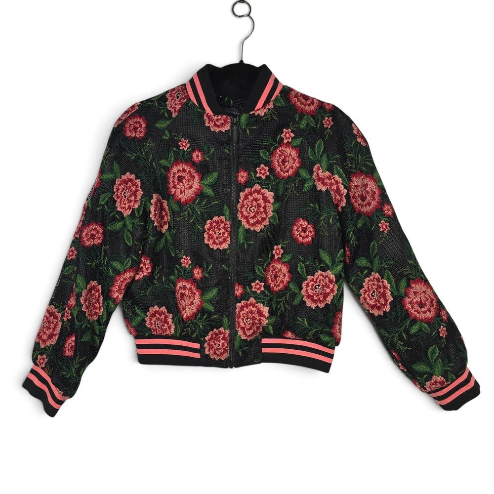 Slate & Willow Bomber Jacket Womens XS Floral Embroidered Mesh Black Pink Trendy